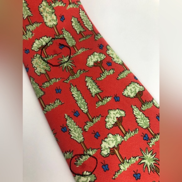 Hermes Red Tie with Green and Blue Tree Pattern W/Original Hermes box - Picture 8 of 10